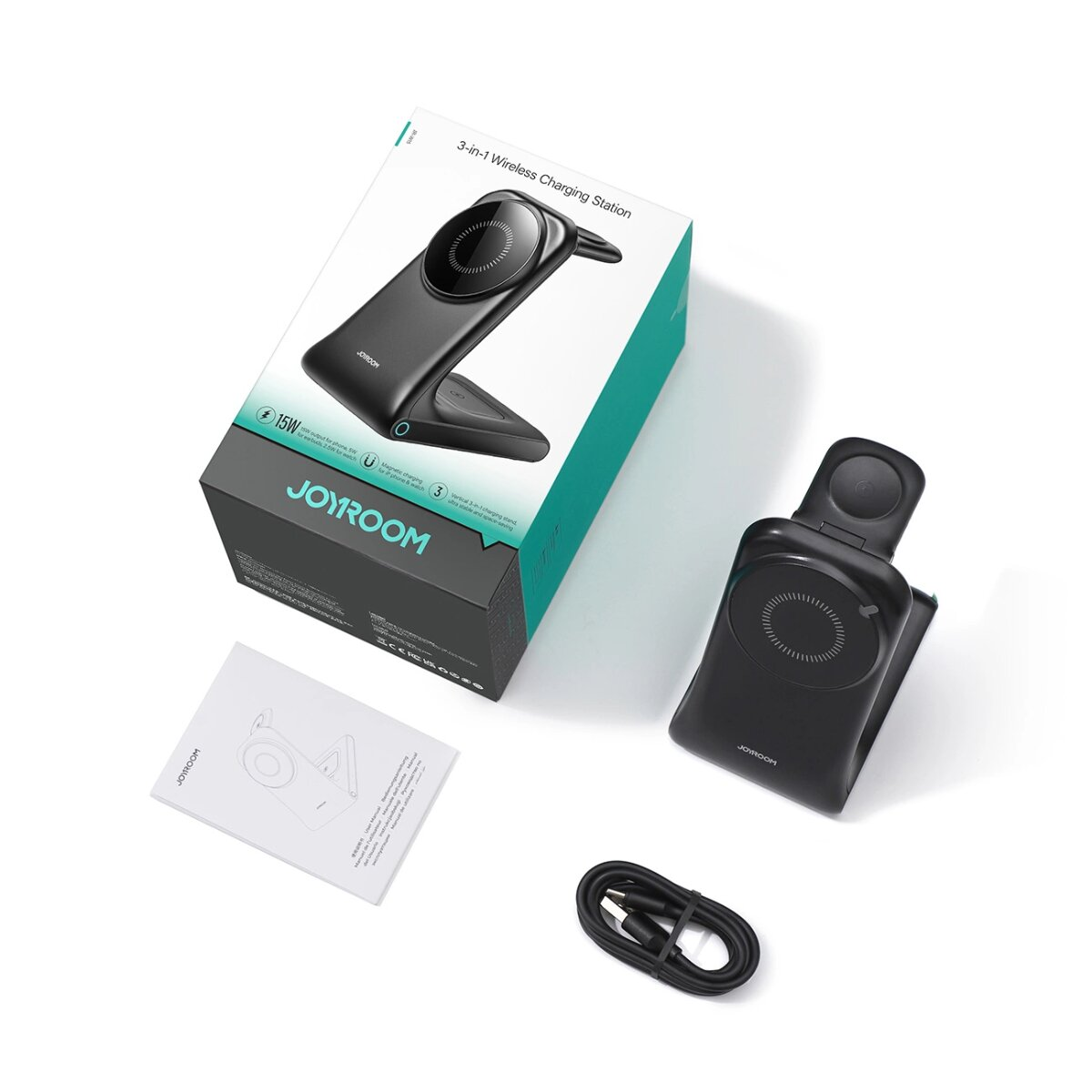 Stacja ładowania bezprzewodowego 3 w 1 JOYROOM z opakowaniem, kablem i instrukcją obsługi wyświetlanymi na białej powierzchni.