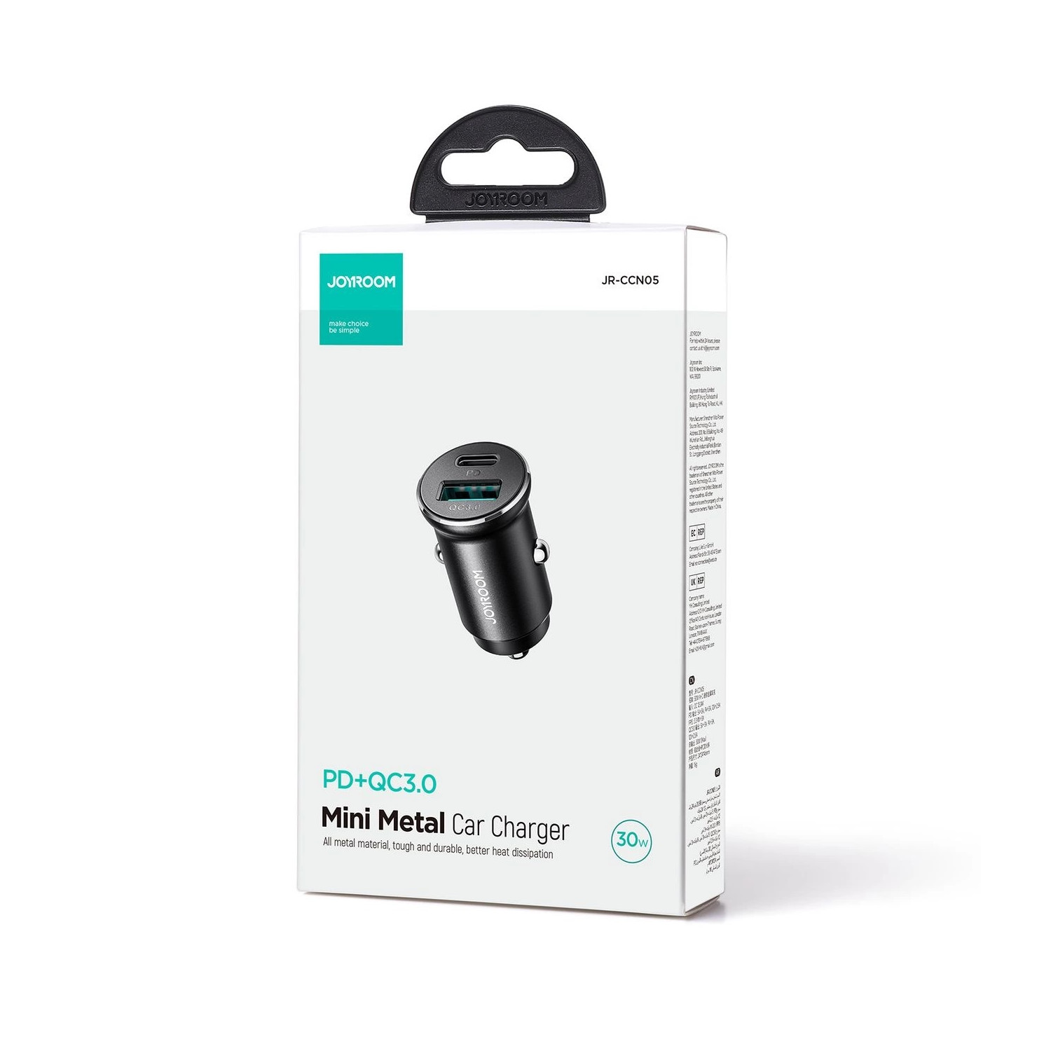 Zapakowana ładowarka samochodowa Joyroom Mini Metal ze szczegółami produktu.