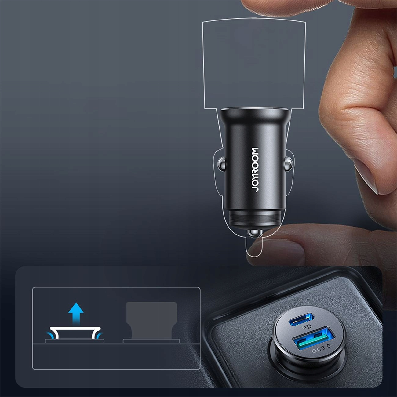 Ładowarka samochodowa Joyroom jest pokazana z diagramem instalacji.
