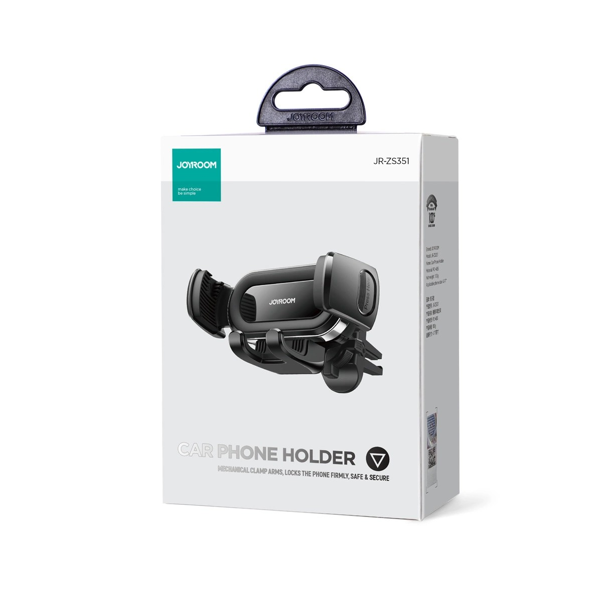 Białe pudełko z uchwytem do telefonu samochodowego w środku. Pudełko zawiera nazwę marki i informacje o produkcie.