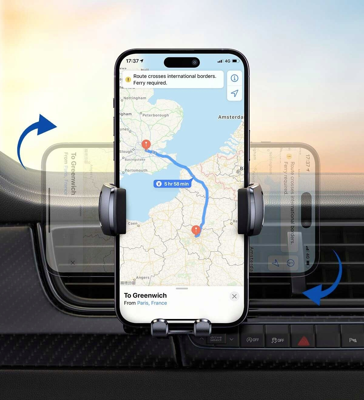 Telefon w uchwycie samochodowym wyświetlający mapę i wskazówki nawigacyjne.