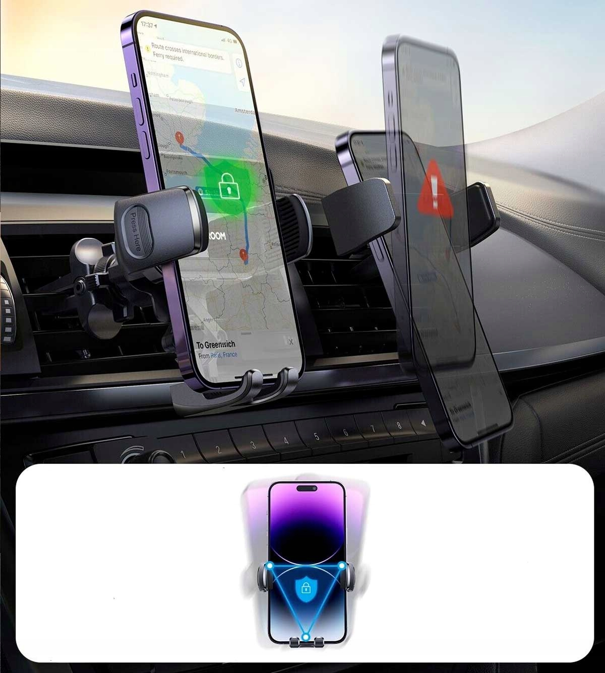 Dwa telefony w uchwytach samochodowych pokazujące mapy i nawigację z ikoną kłódki.
