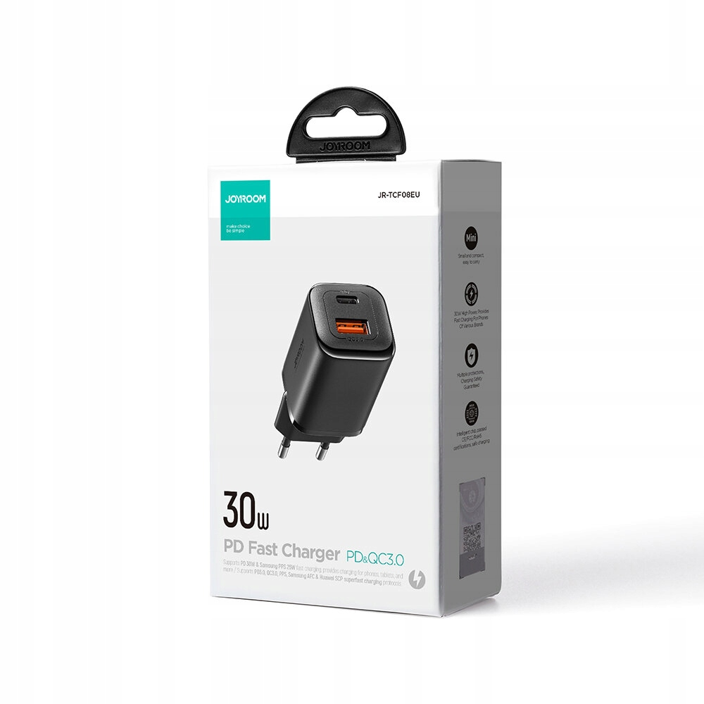Ładowarka Joyroom 30W w pudełku. Pudełko ma uchwyt i pokazuje ładowarkę. Tekst informuje, że jest to szybka ładowarka PD.