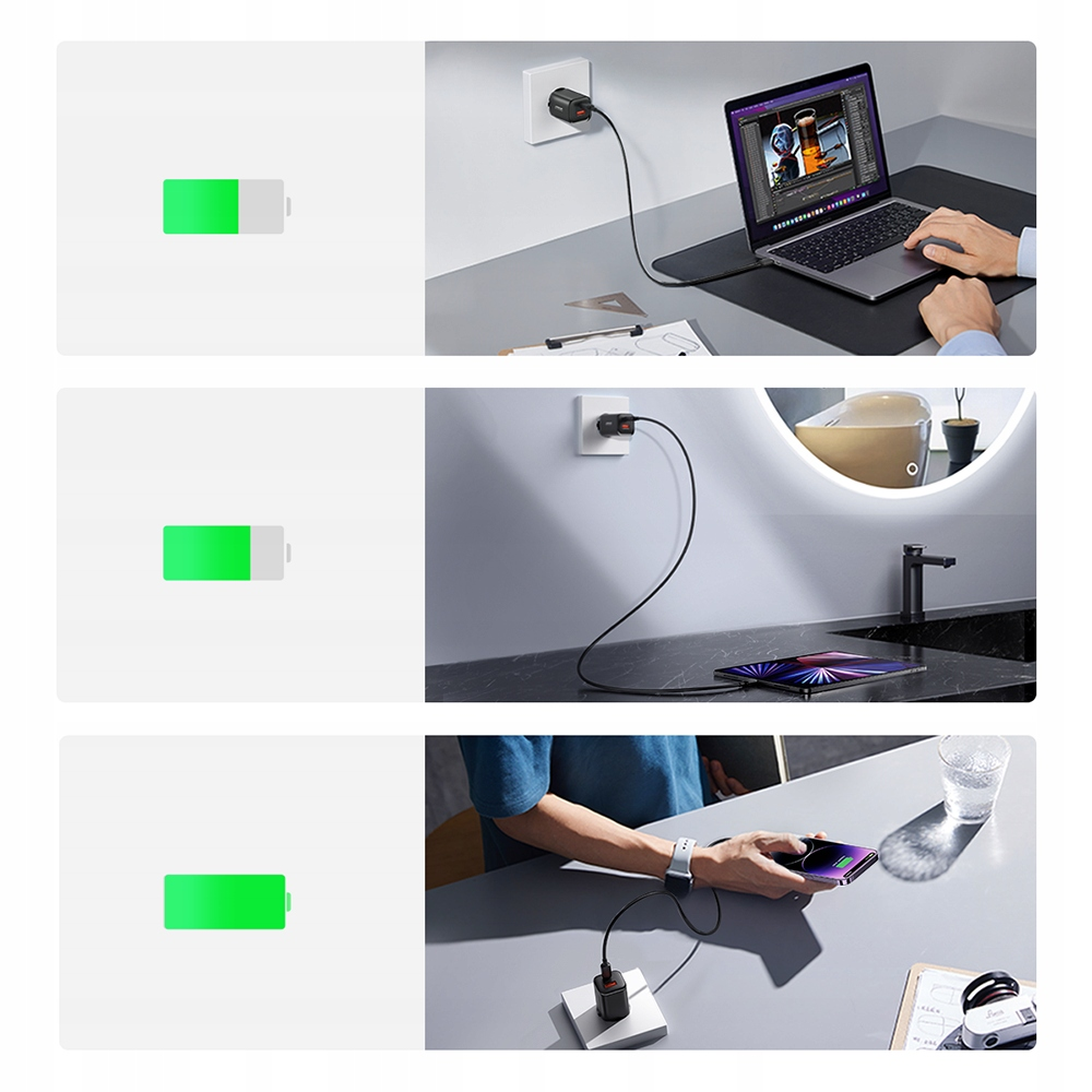 Trzy sceny pokazują ładowanie urządzeń: laptop, tablet i telefon, każdy podłączony do ładowarki ściennej z wskaźnikiem ładowania.