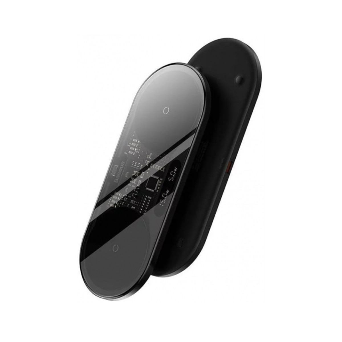 Wyświetlana jest czarna ładowarka bezprzewodowa Baseus z dwoma punktami ładowania, podkreślająca jej smukły profil i konstrukcję.