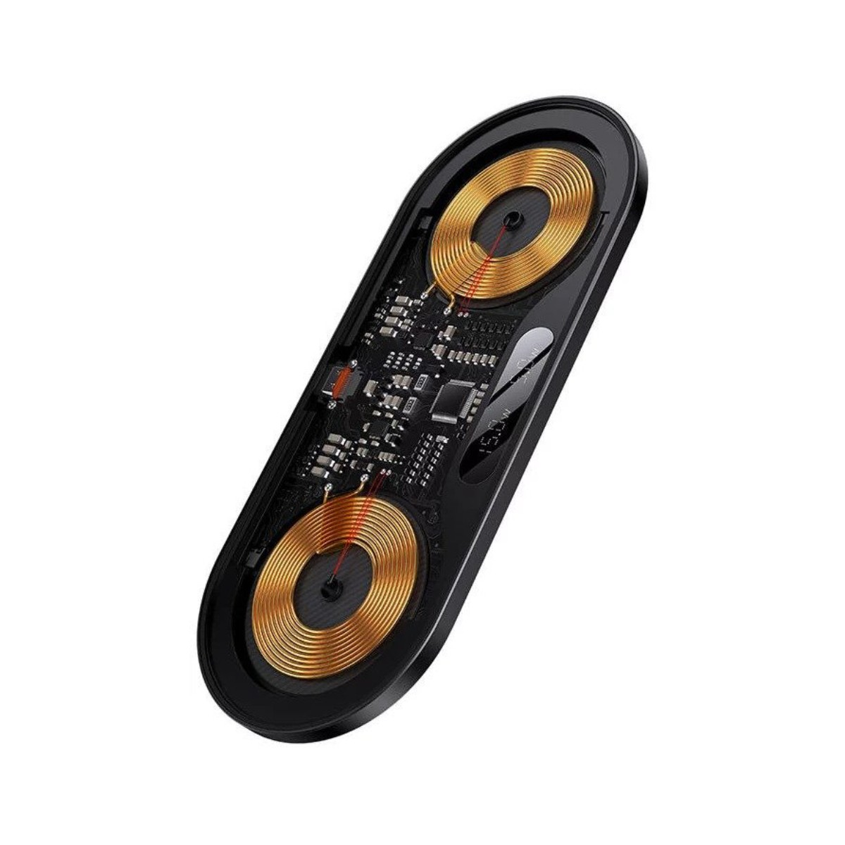 Czarna ładowarka bezprzewodowa Baseus z dwoma punktami ładowania. Widoczne są wewnętrzne elementy ładowarki, pokazujące jej obwody.