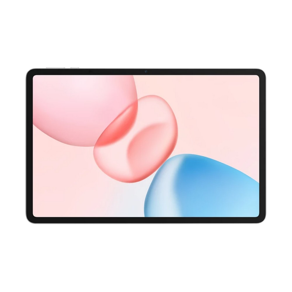 Ein Tablet mit schwarzem Rahmen zeigt auf seinem Bildschirm ein abstraktes rosa-blaues Design vor einem weißen Hintergrund.