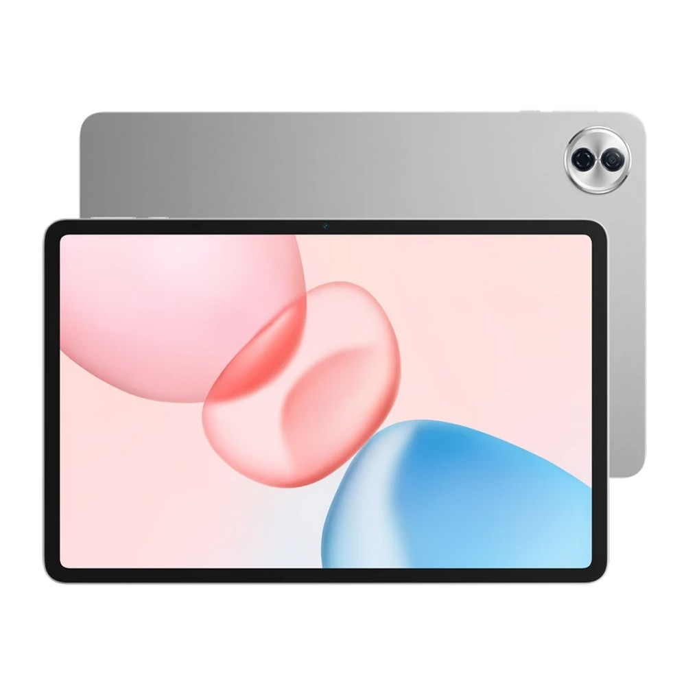 Ein Tablet mit schwarzem Rahmen zeigt auf seinem Bildschirm ein abstraktes rosa-blaues Design vor einem silbernen Hintergrund.