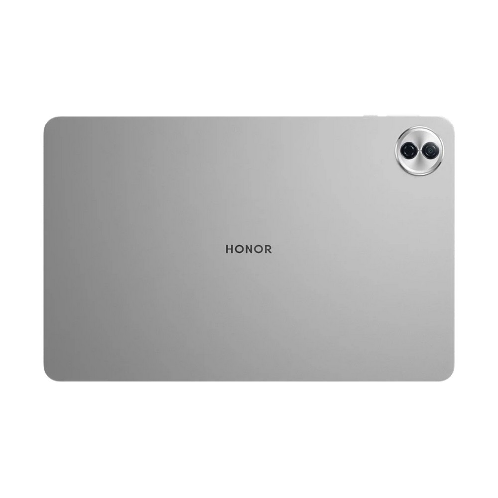 Ein silbernes Tablet mit dem Wort „HONOR“ in der Mitte und zwei Kameras in der oberen rechten Ecke auf weißem Hintergrund.