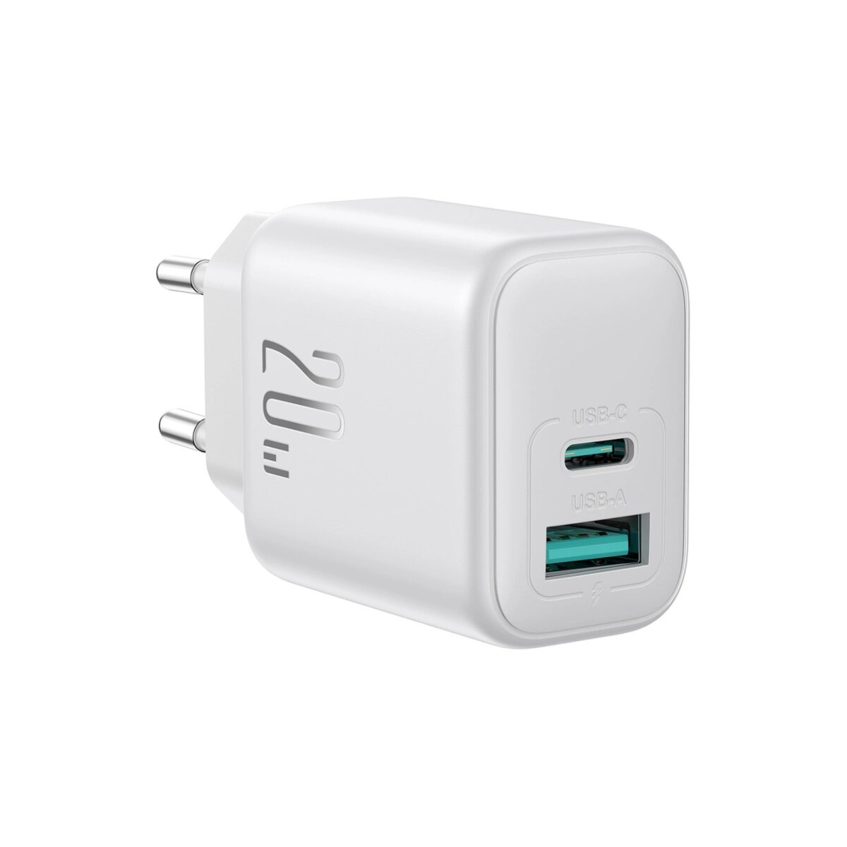 Weißes 20W-Ladegerät mit USB-C- und USB-A-Anschlüssen, schräge Ansicht mit europäischen Steckerstiften.