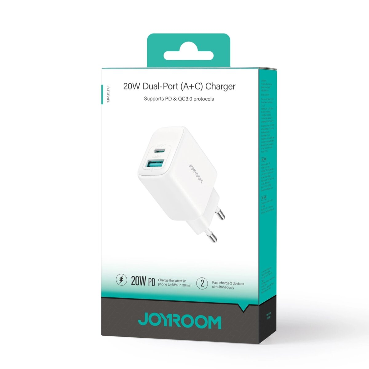 Verpacktes Joyroom 20W Dual-Port-Ladegerät mit Produktdetails und Funktionen, die auf der Verpackung aufgeführt sind.