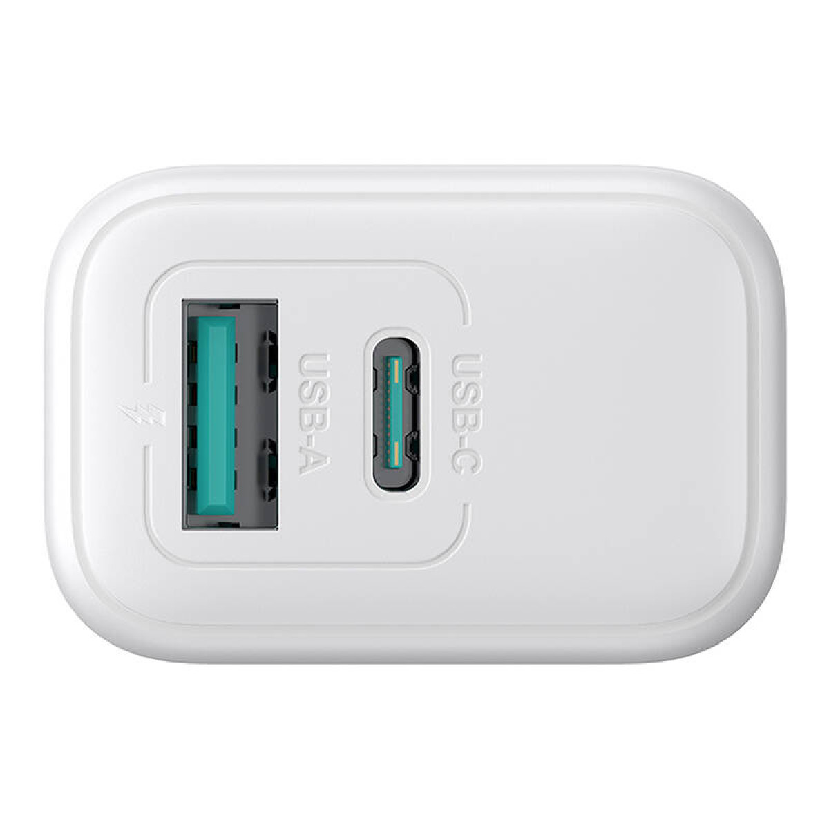 Draufsicht auf ein weißes Ladegerät mit USB-A- und USB-C-Anschlüssen, das sein minimalistisches Design zeigt.