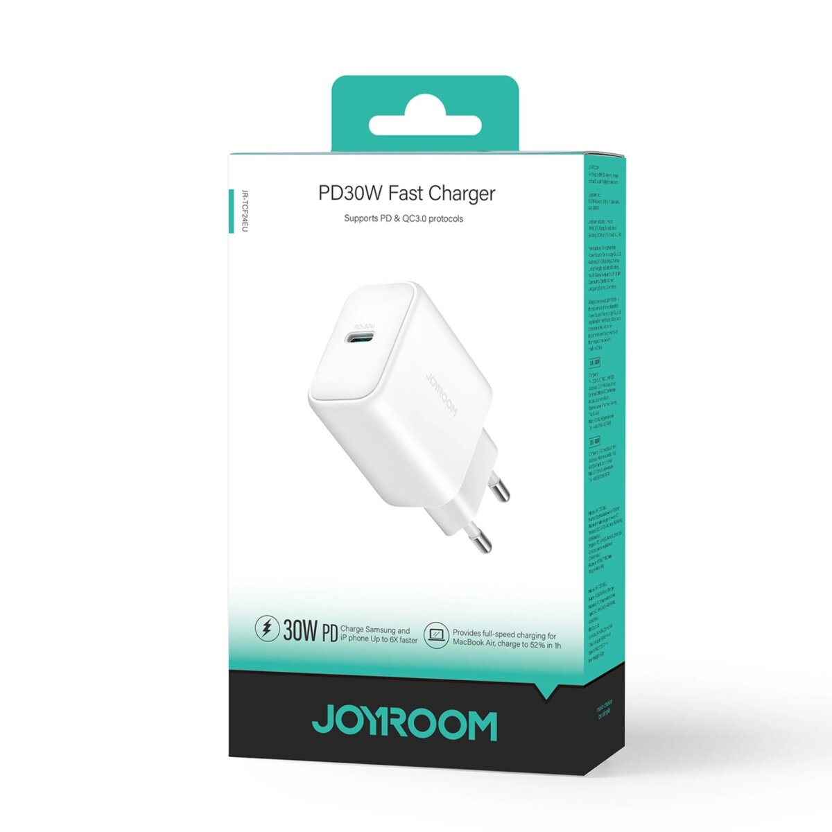 Scatola bianca con caricabatterie bianco da 30 W, le sue specifiche e il logo Joyroom.