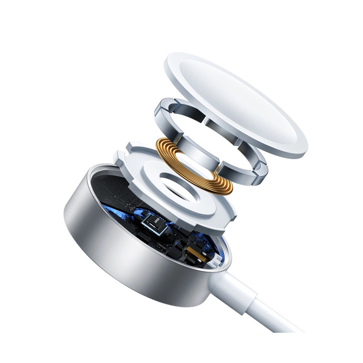 Widok rozstrzelony srebrnej ładowarki Apple Watch pokazujący wewnętrzne komponenty.