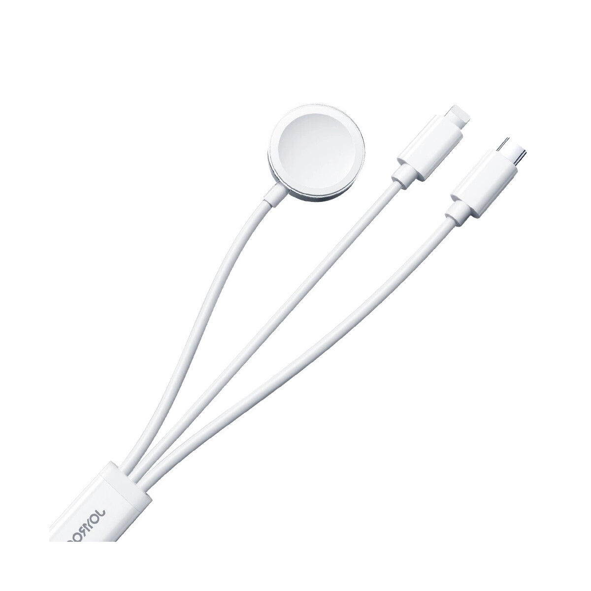 Biały kabel ładujący ze złączem Apple Watch, końcówkami USB-A i USB-C. Izolowany na białym tle.