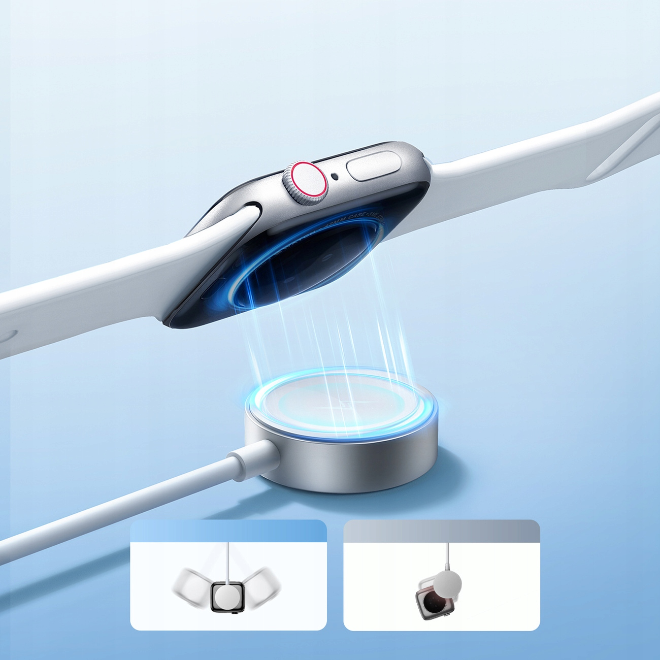 Apple Watch ładuje się bezprzewodowo na ładowarce magnetycznej. Efekt niebieskiego światła. Białe tło.