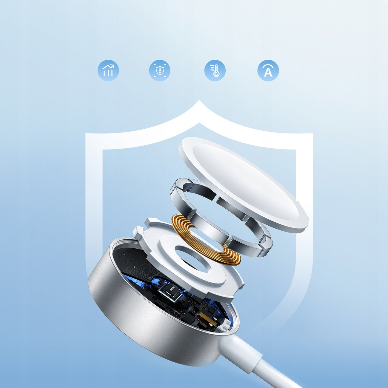 Widok rozstrzelony srebrnej ładowarki Apple Watch z niebieskim tłem i ikonami.