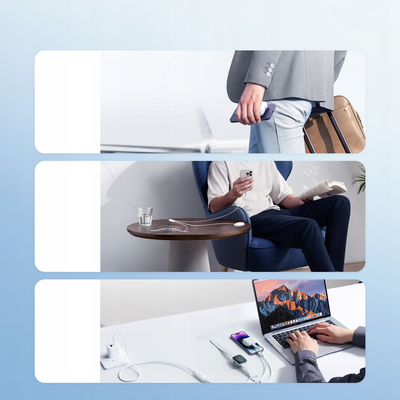 Kolaż osób korzystających z kabla ładującego w różnych ustawieniach: podróże, praca i dom.