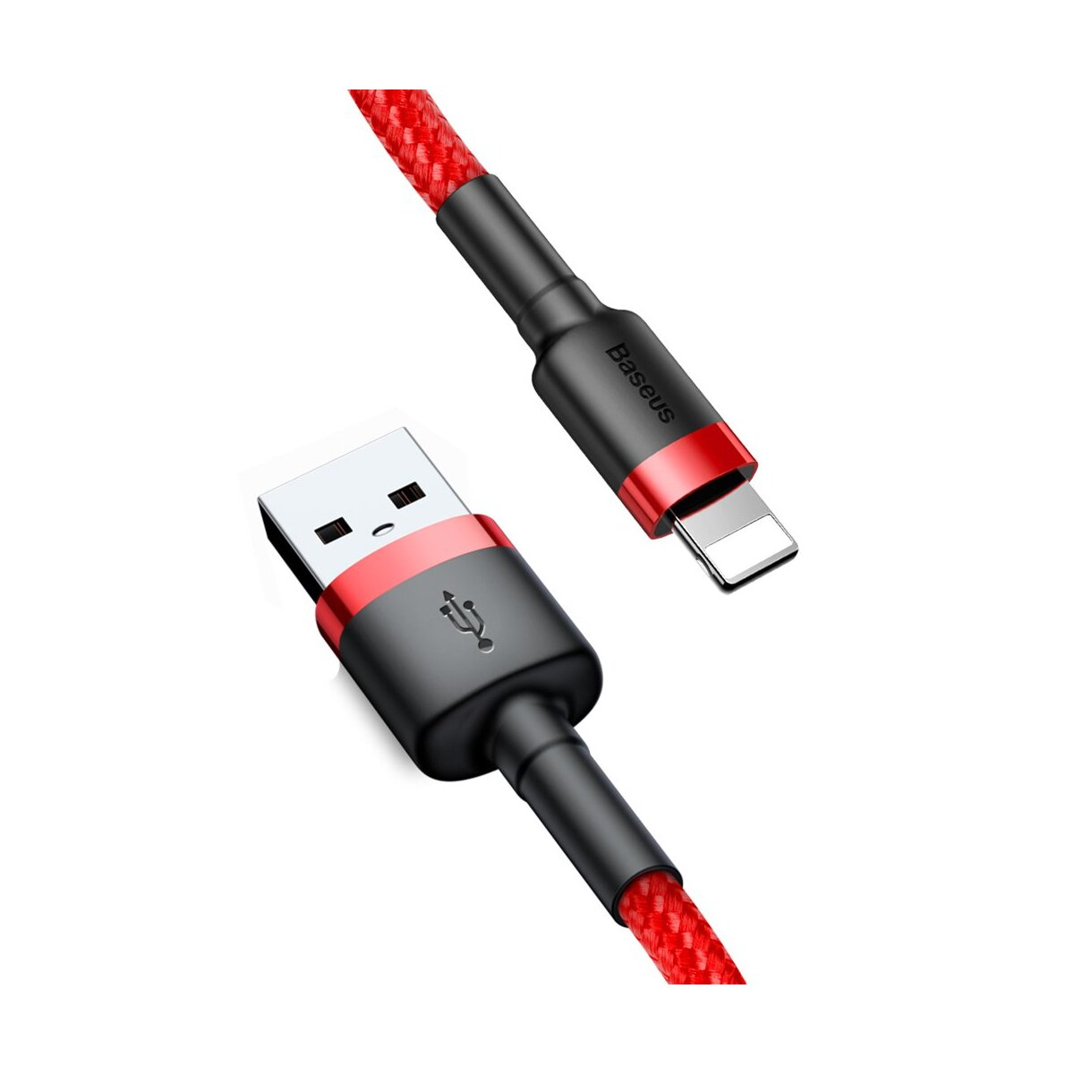 Czerwono-czarny kabel Baseus ze złączami USB i Lightning na białym tle.