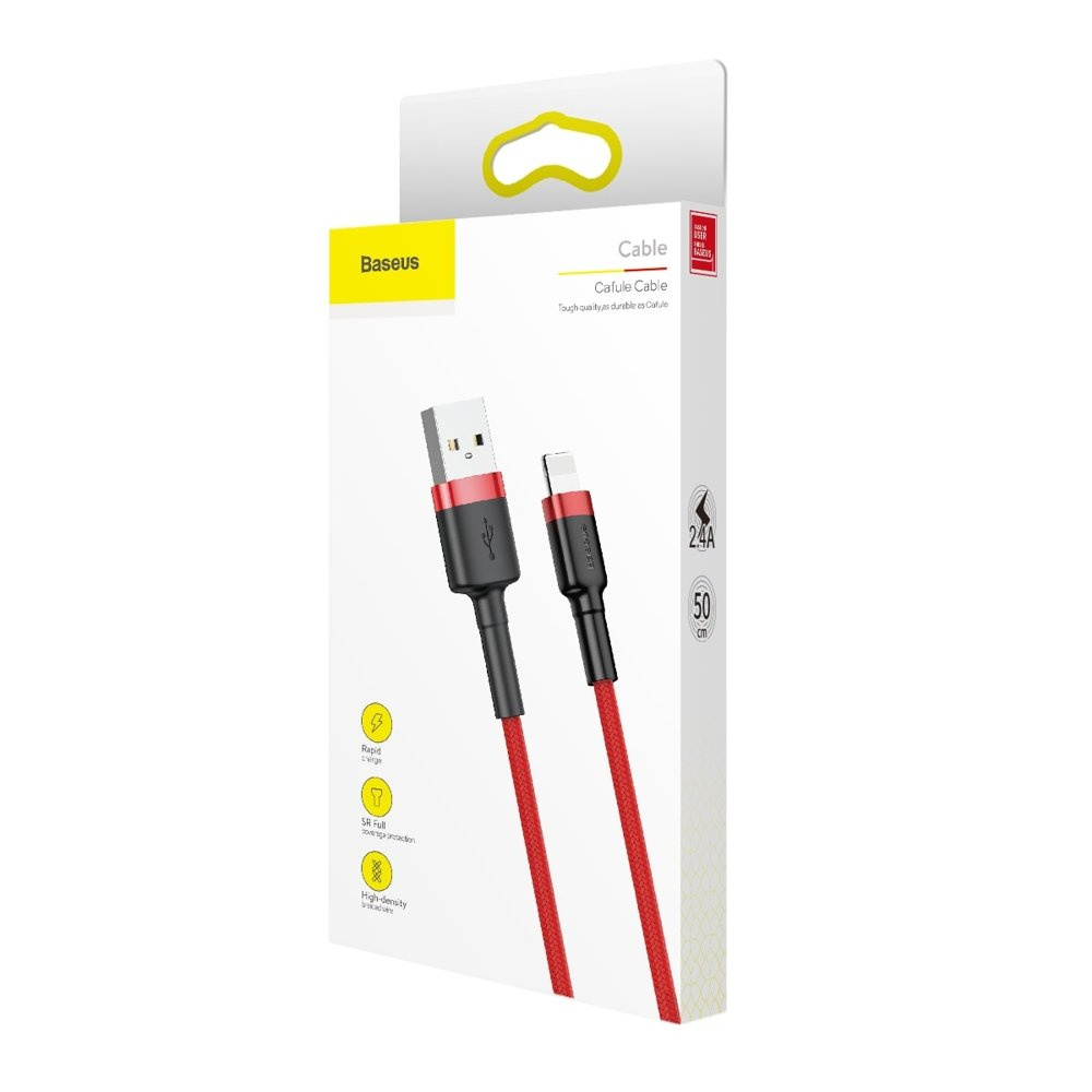 Pudełko na kabel Baseus przedstawia czerwono-czarny kabel ładujący na białym tle.