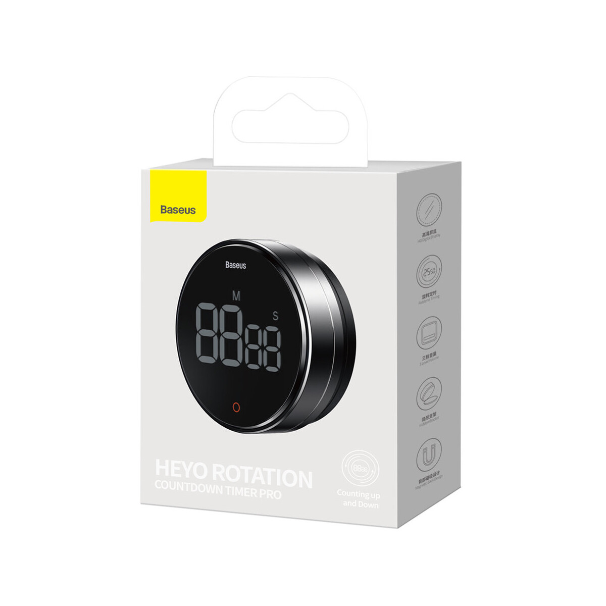 Ein Baseus HEYO Rotation Countdown Timer Pro ist ein schwarzer, runder Timer.
