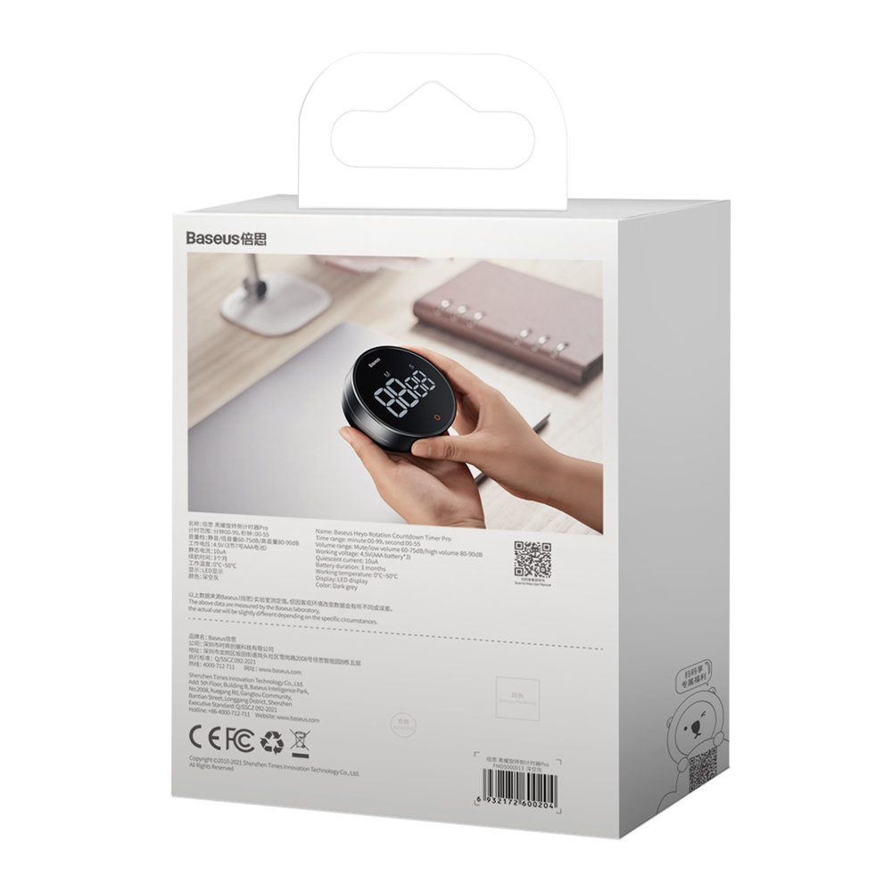 Die Rückseite der Verpackung zeigt einen Baseus-Timer in der Hand einer Person sowie technische Daten.