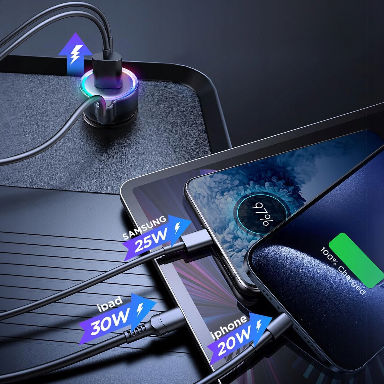 Stacja ładująca z portami USB, ładująca Samsunga, iPada i iPhone'a. iPhone jest w pełni naładowany.