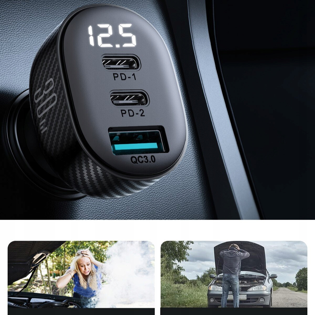 Czarna ładowarka samochodowa pokazująca napięcie 12,5 V, z dwoma zdjęciami problemów z samochodem poniżej.