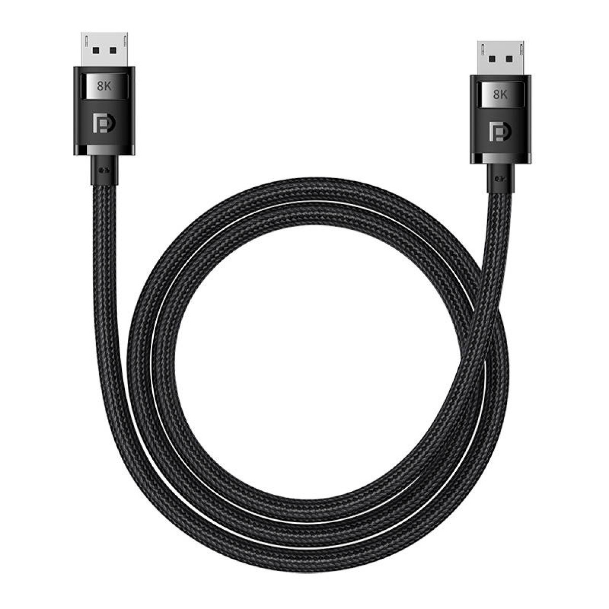 Czarny kabel DisplayPort zwinięty na białej powierzchni, złącza na każdym końcu.