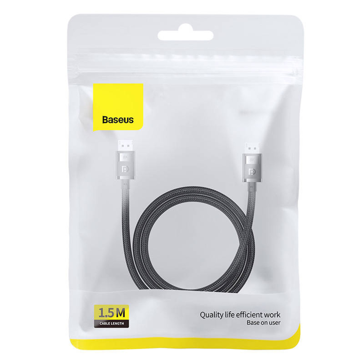 Czarny kabel DisplayPort zwinięty w przezroczystym opakowaniu z żółtym logo Baseus.