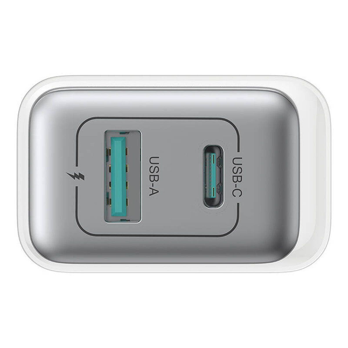 Biała ładowarka z portami USB-A i USB-C na białym tle.