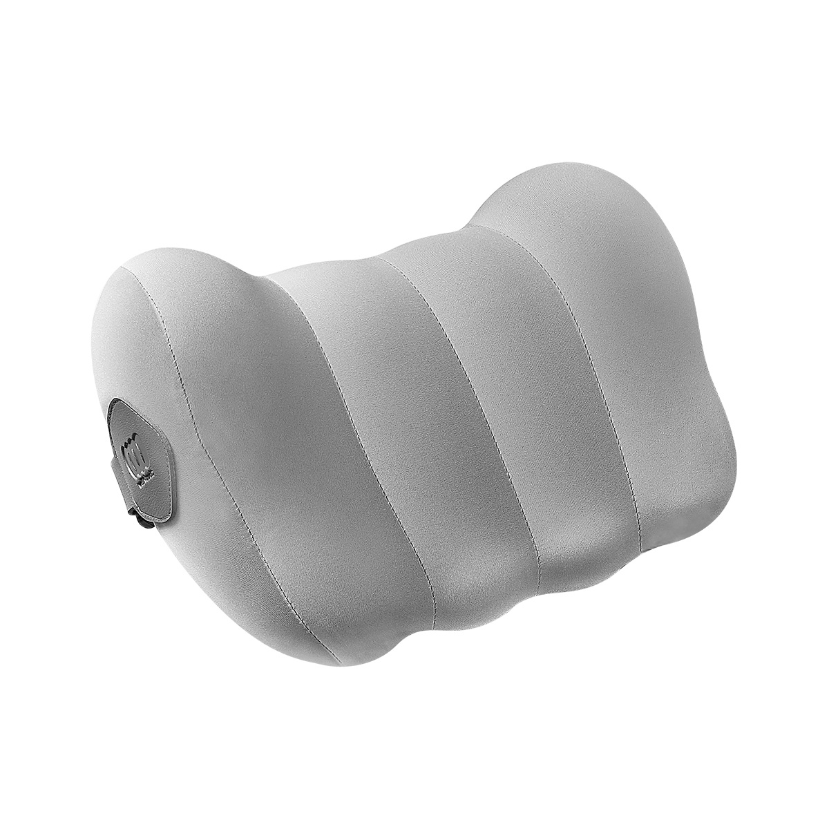 Szara, zakrzywiona poduszka z pionowymi liniami i przyciskiem zasilania z boku.