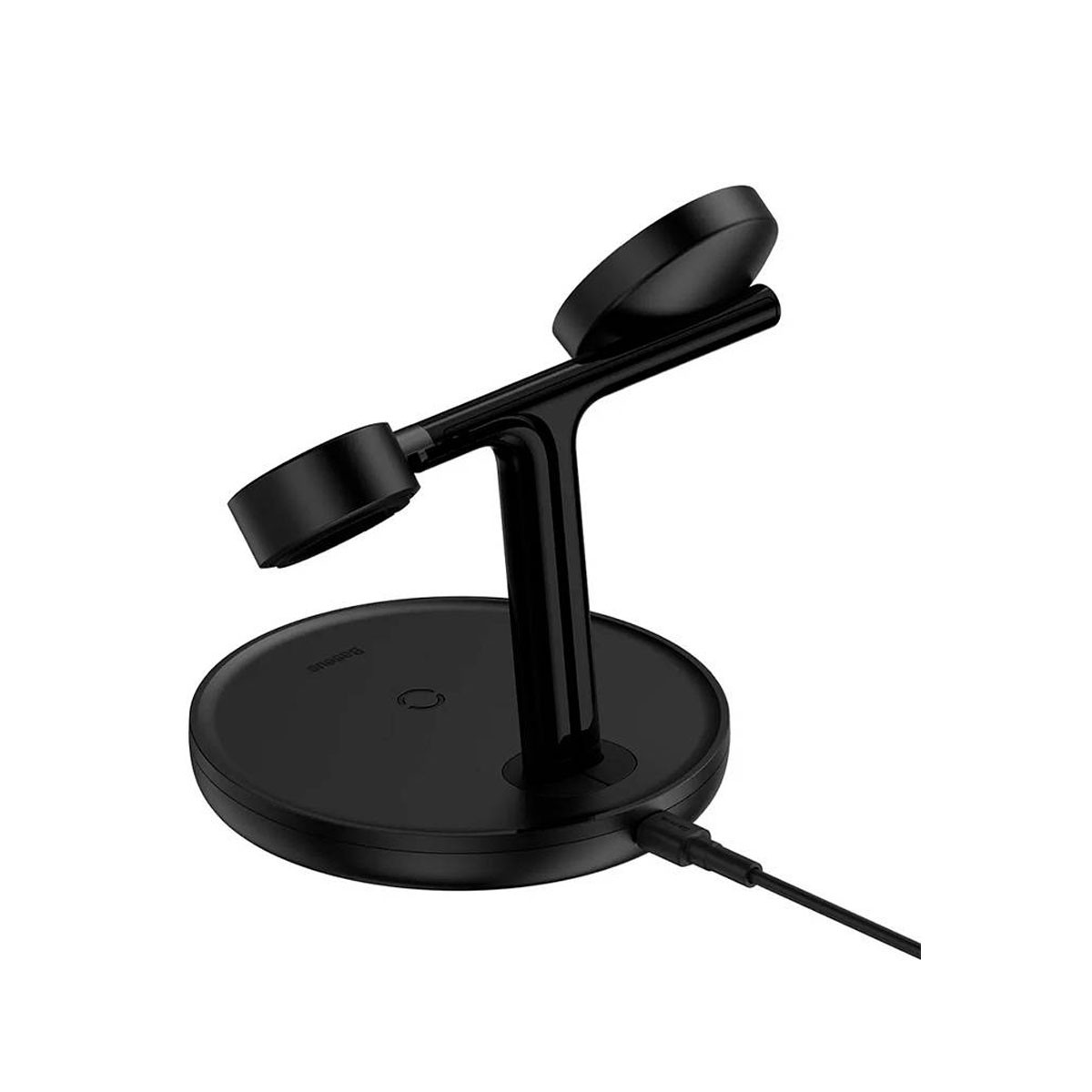 Czarna bezprzewodowa podstawka ładująca z dwoma uchwytami do ładowania telefonu i smartwatcha, kabel podłączony.