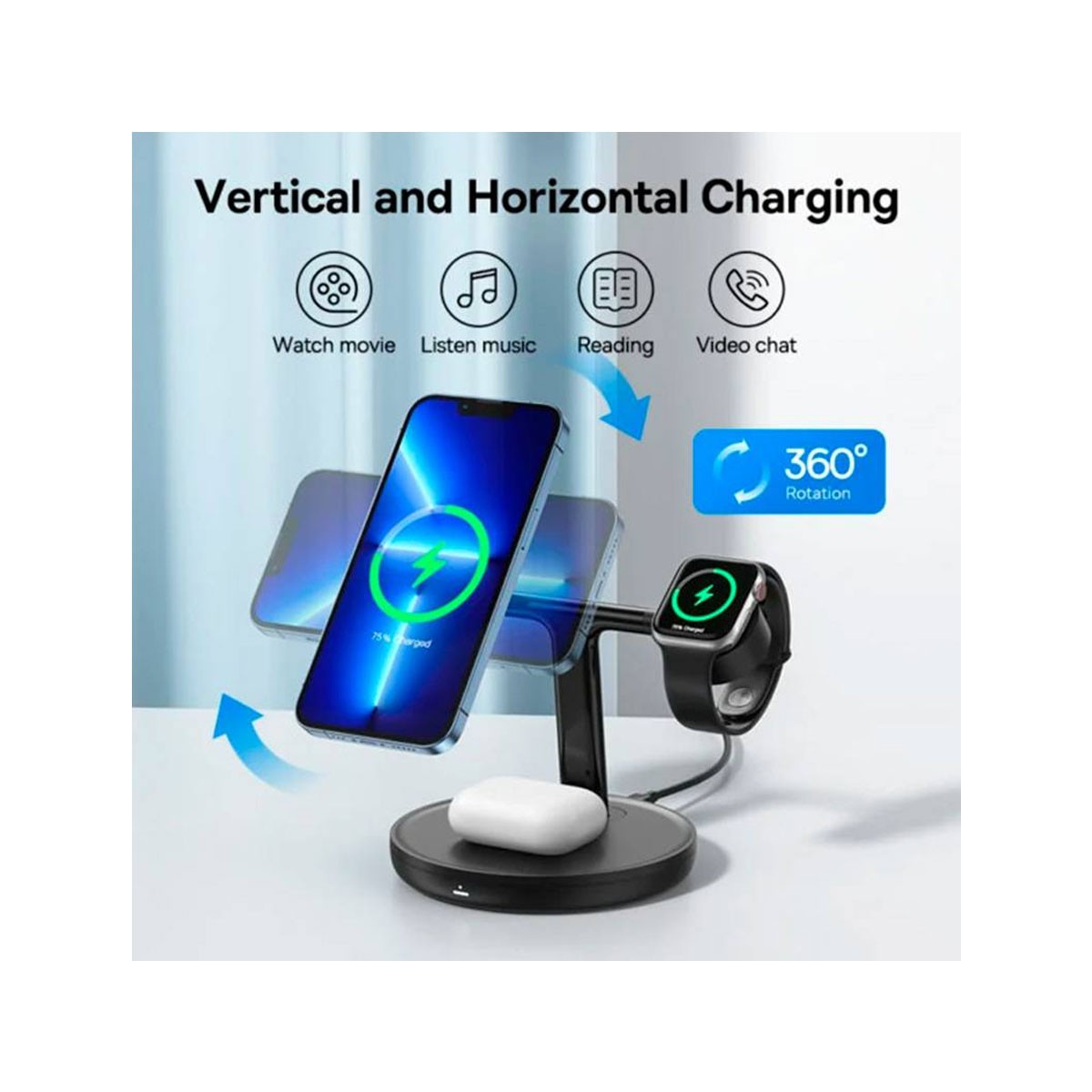 Podstawka ładująca z telefonem, zegarkiem i etui na słuchawki, ilustrująca pionowe i poziome ładowanie z obrotem.