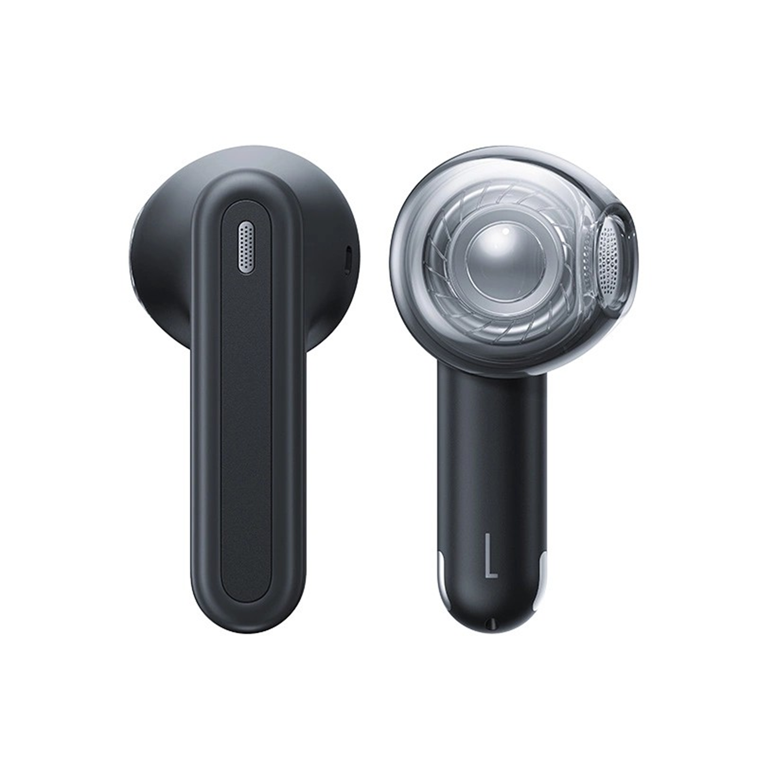 Dwie bezprzewodowe słuchawki douszne, jedna ciemnoszara i jedna przezroczysta, pokazujące wewnętrzne komponenty.