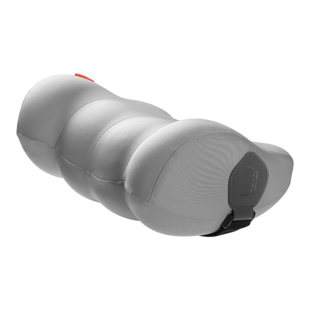 Szara, wyprofilowana poduszka zagłówka z czarnym paskiem i szarym logo jest pokazana na białym tle.