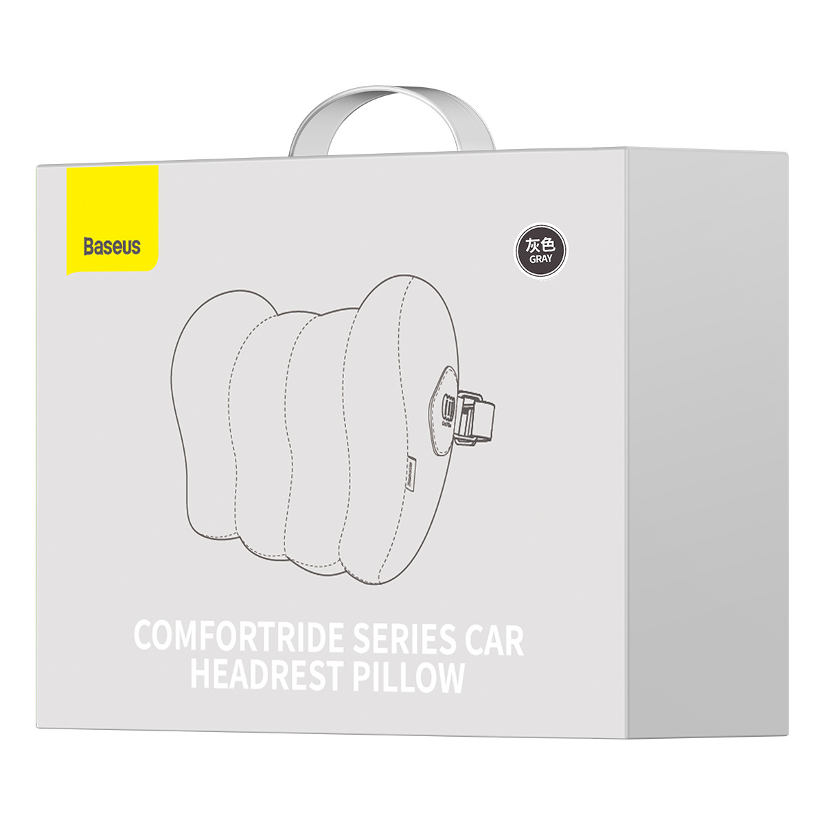 Pudełko przedstawia szary obrys poduszki zagłówka, logo Baseus i tekst „COMFORTRIDE SERIES CAR HEADREST PILLOW”.