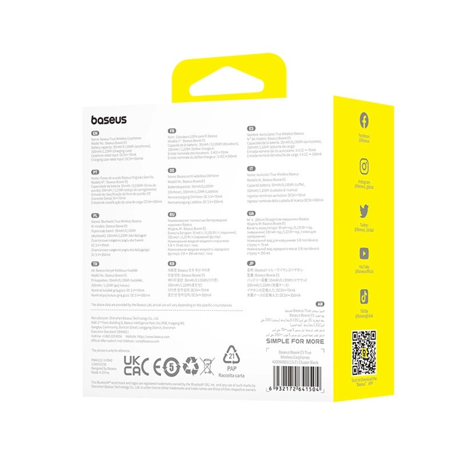 Pudełko słuchawek bezprzewodowych Baseus True w kolorze białym i żółtym, pokazujące produkt i szczegóły.