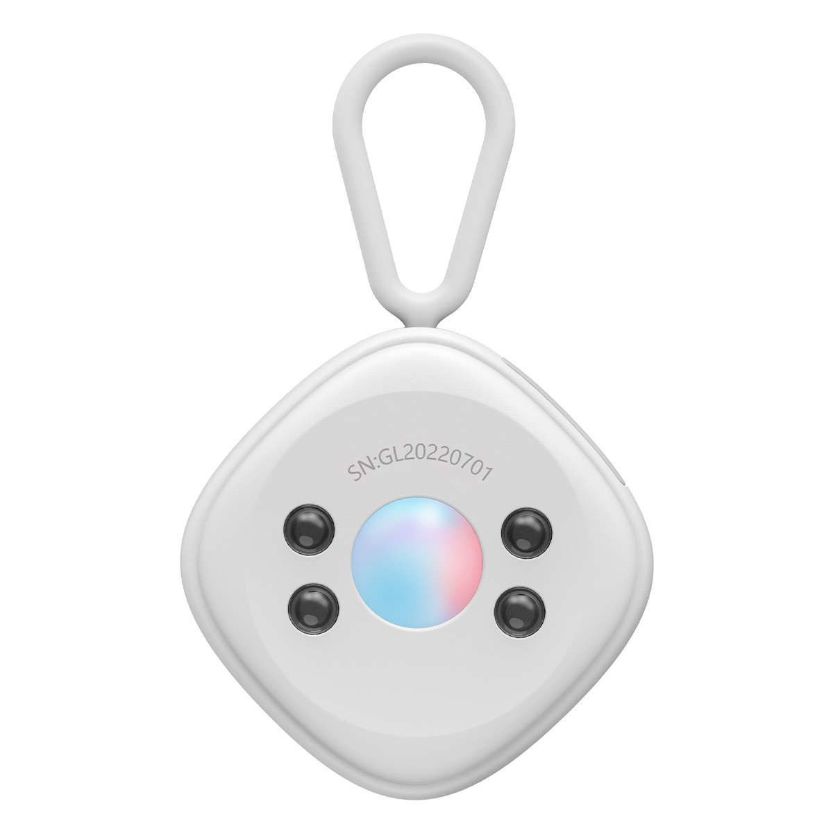 Halkası, renkli ışığı ve 'SN:GL20220701' metni olan beyaz Baseus Heyo kamera dedektörü.