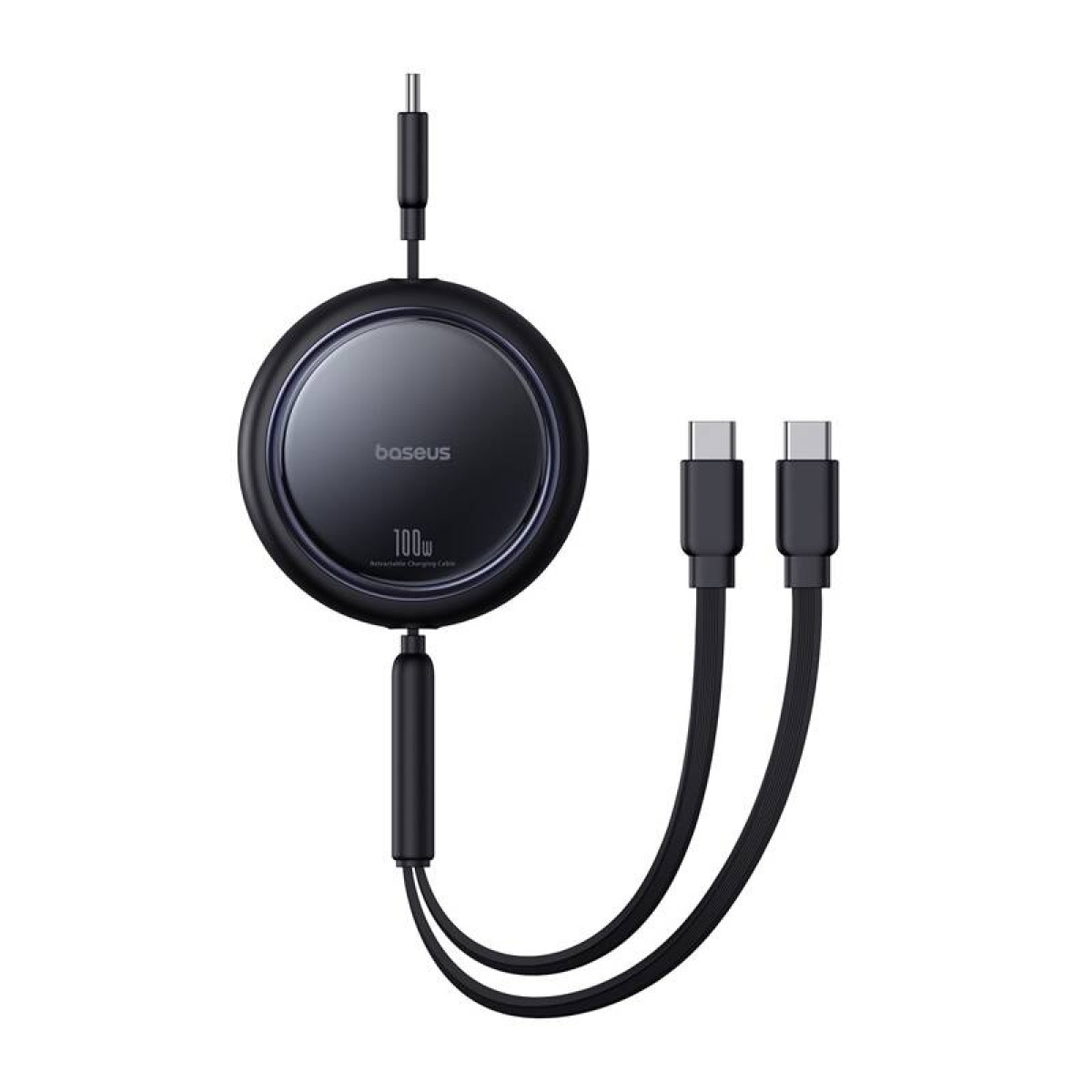 Czarny chowany kabel ładujący Baseus o mocy 100 W ze złączami USB-C na białym tle.