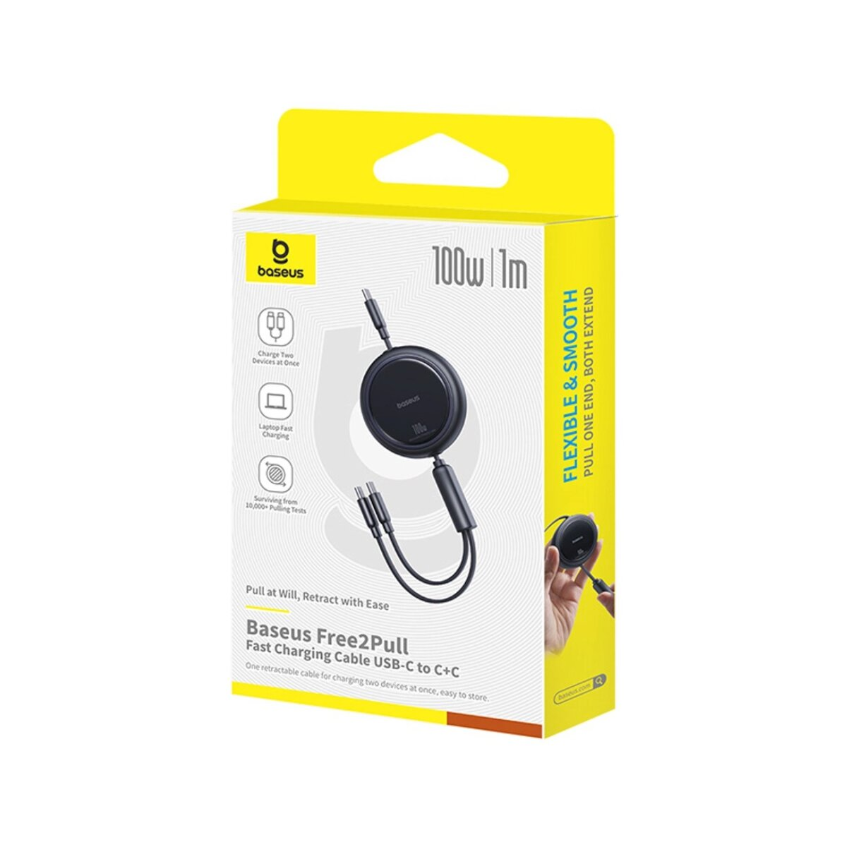 Pudełko kabla szybkiego ładowania Baseus Free2Pull pokazuje kabel i funkcje.