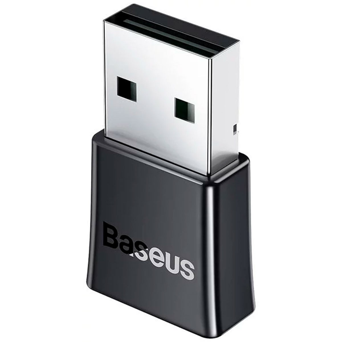 Adapter bezprzewodowy Baseus na białym tle. Czarny ze złączem USB. Nazwa marki widoczna na urządzeniu.