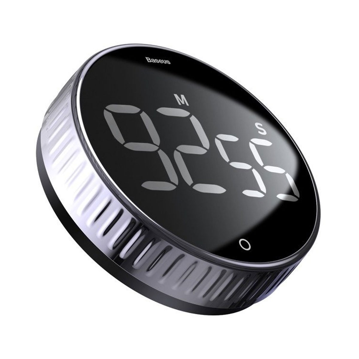 Okrągły cyfrowy timer wyświetlający '92:55' jest ustawiony pod kątem na białym tle, pokazując minuty i sekundy.