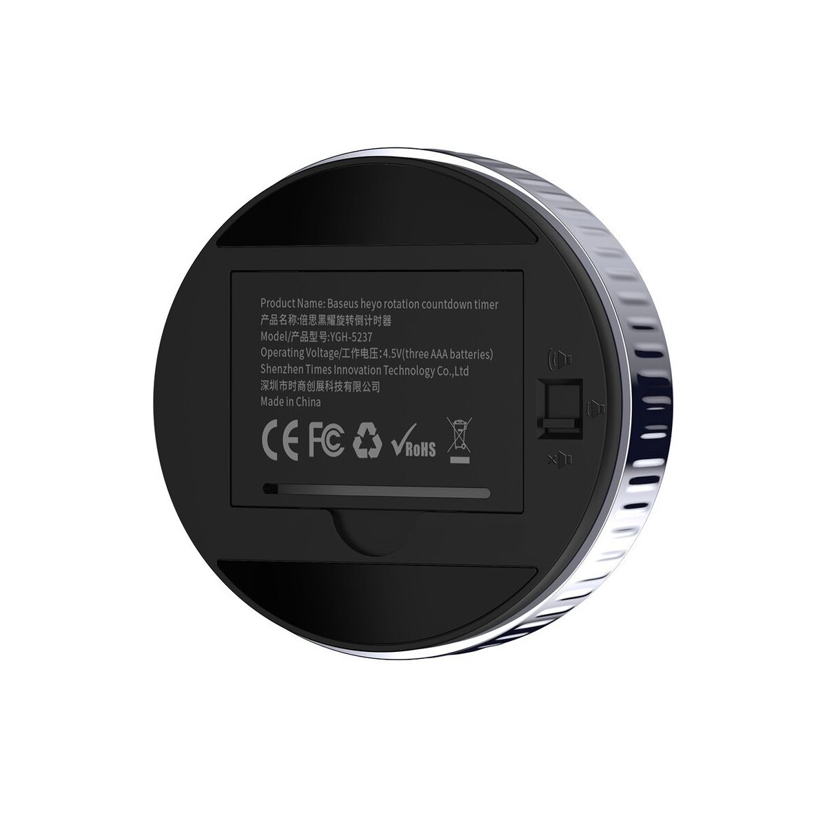 Tył timera Baseus pokazuje szczegóły produktu, certyfikaty i informacje o produkcji na czarnej powierzchni.