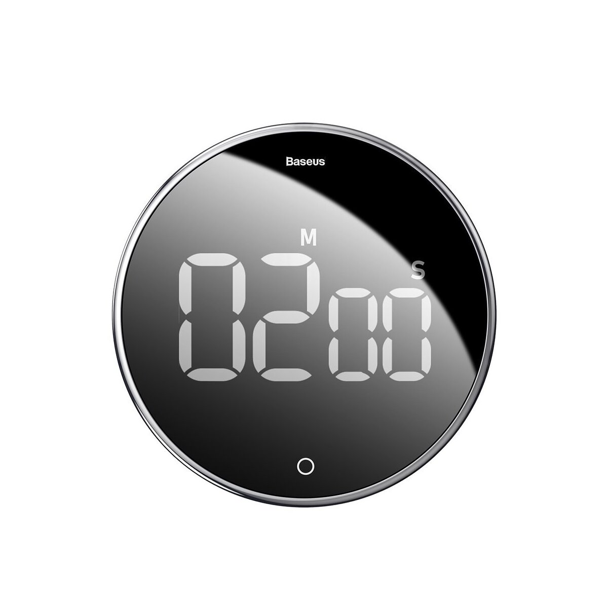 Cyfrowy timer wyświetla '02:00' na czarnej okrągłej powierzchni z chromowanymi krawędziami, na białym tle.