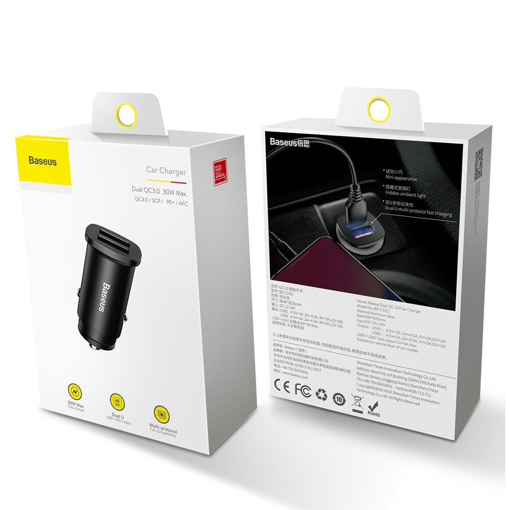 Podwójna ładowarka samochodowa USB Baseus w opakowaniu, prezentująca cechy produktu i design.