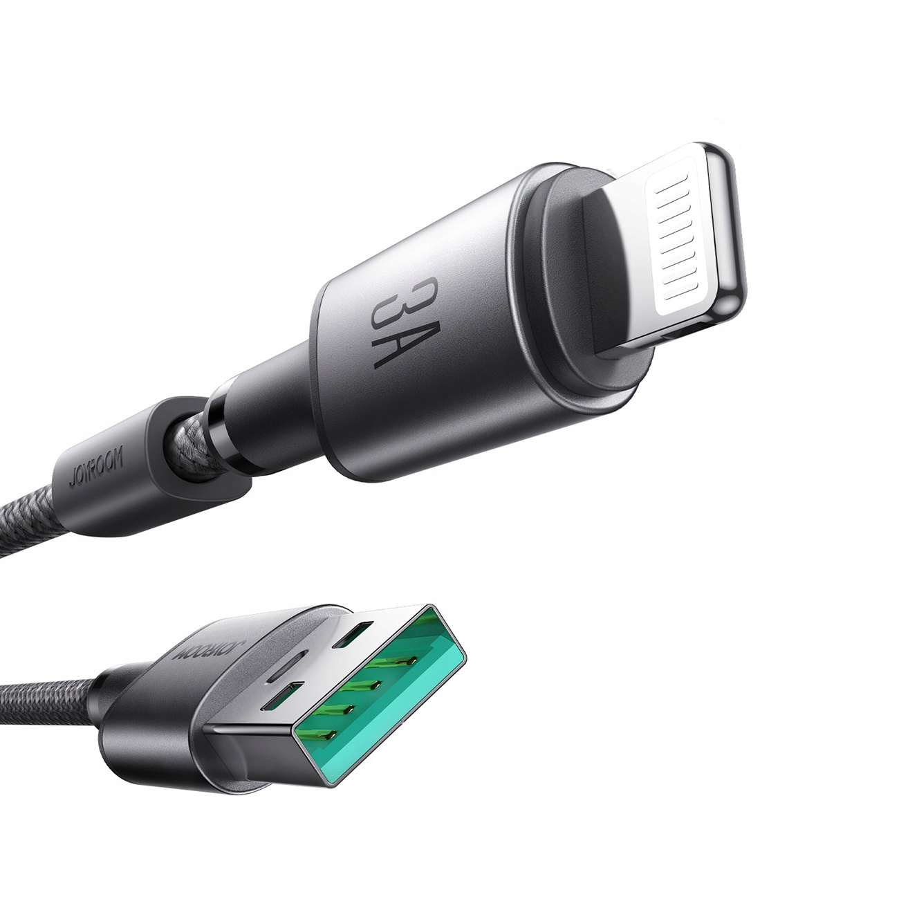 Szary kabel USB ze złączem Lightning 3A. Port USB jest zielony.