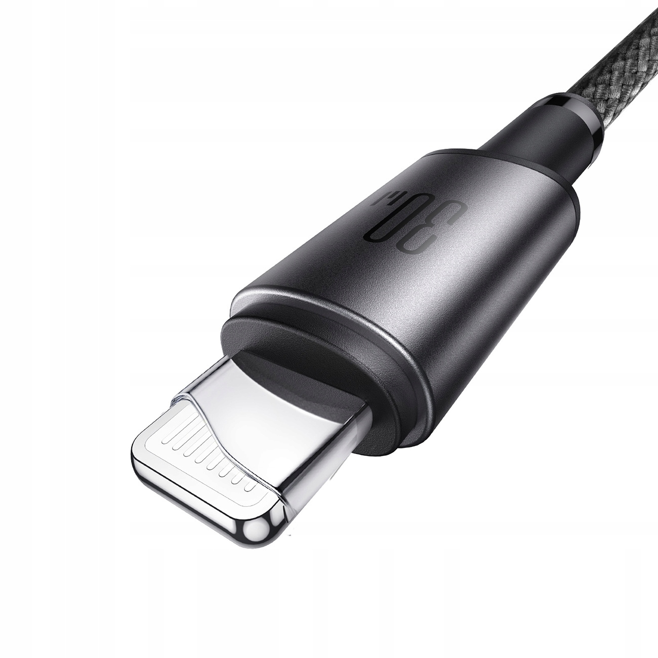 Zbliżenie szarego kabla USB ze złączem Lightning.