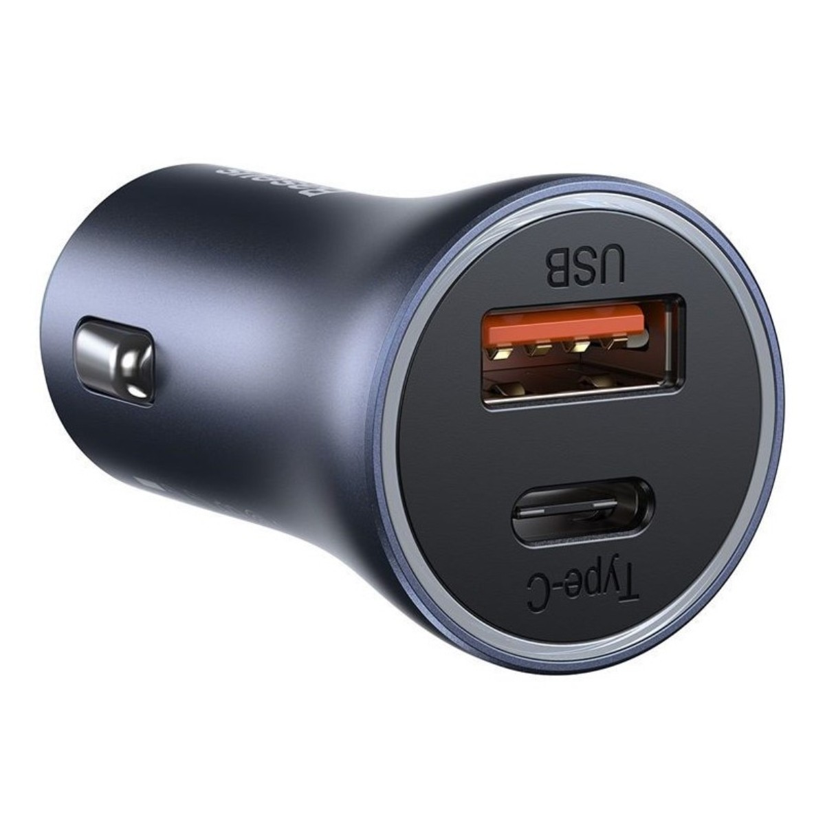 Szara ładowarka samochodowa z portami USB i Type-C. Port USB jest pomarańczowy.