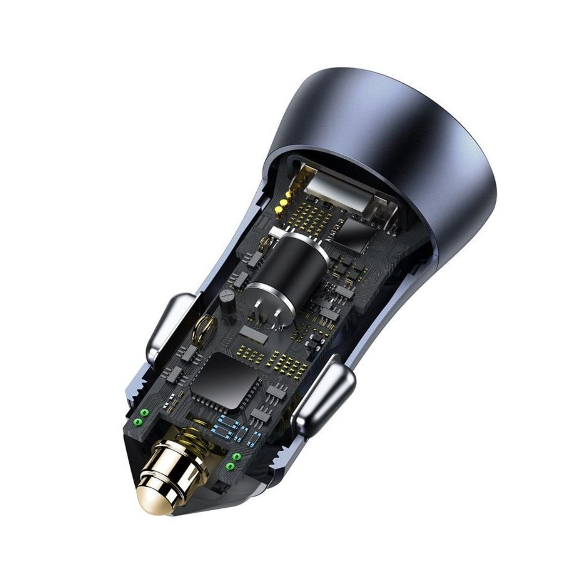 Przekrój szarej ładowarki samochodowej pokazujący wewnętrzne komponenty.